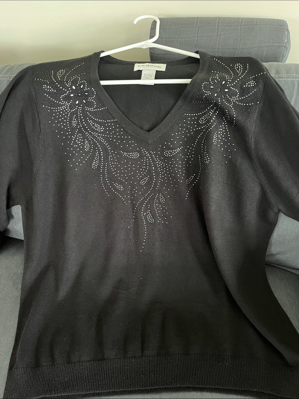 Liz Claiborne Black V-Neck Sweater with Rhinestone Detail